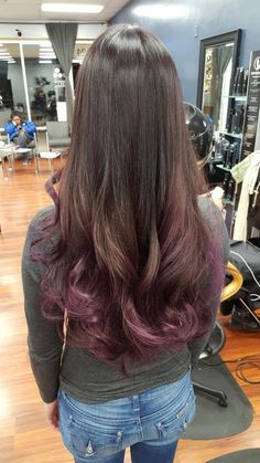 Hair Colour For Long Hair Length, Brunette Hair With Purple Ends, End Of Hair Dyed, Color Highlights In Brown Hair, Colored Hair Ends, Purple And Brown Hair, Brown Hair Fade, Brown Hair Underneath, Coloured Highlights