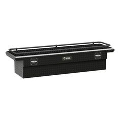 a black tool box with wheels on the bottom and two drawers below it, in front of