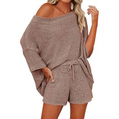 Soft and cozy oversized off the shoulder sweater and shorts set in brown #loungewear Sweater Sets, Loose Pullover Sweater, Cute Pajama Sets, Pullover Outfit, Drawstring Waist Shorts, Shorts Outfits, Solid Sweaters, Loose Pullover, Cute Pajamas