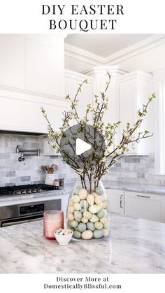 a vase filled with eggs sitting on top of a kitchen counter