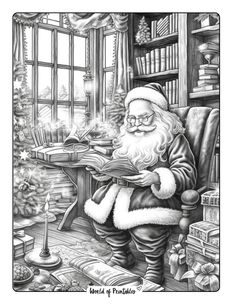 a black and white drawing of santa claus sitting at his desk in front of a window