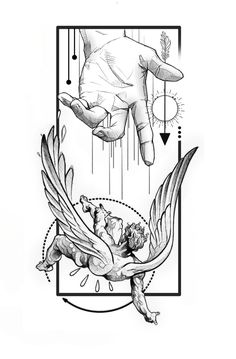 an ink drawing of a hand reaching for a baby in the air with another hand above it