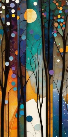 an abstract painting with trees and moon in the background