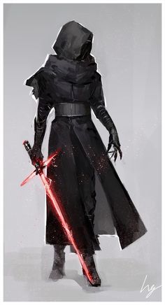 a drawing of a person with a light saber in their hand and a hood on