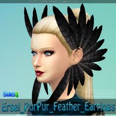 an animated image of a woman with black feathers on her head and the caption, ersel parr - feather earings