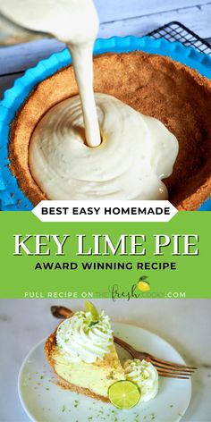 the key lime pie is being served in a pie pan