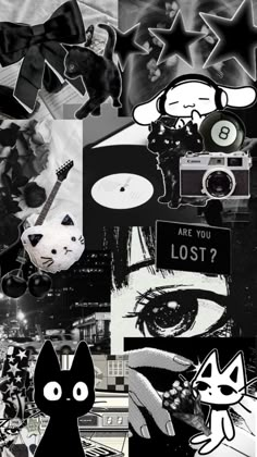 black and white collage with cat, stars, camera, record player, star