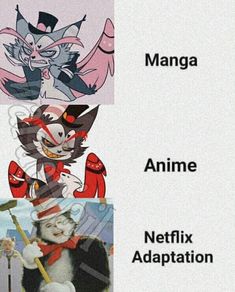 four different pictures of cartoon characters with captions in the bottom right hand corner, and an anime title below