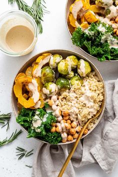 two bowls filled with different types of vegetables and rice next to a cup of coffee