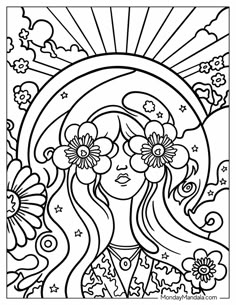 a girl with flowers in her hair and the sun behind her is outlined in black and white