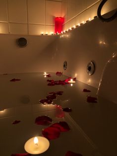 Bath With Roses Aesthetic, Rose Petal Bath Aesthetic, Bathtub With Rose Petals, Candles In Bathroom Aesthetic, Lit Candles Aesthetic, Bathtub With Roses And Candles, Rose Petals Bath, Self Care Red Aesthetic, Romantic Bath Aesthetic