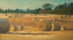 a painting of hay bales in an open field