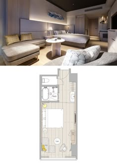 the floor plan for a hotel room with two beds, couches and a kitchen