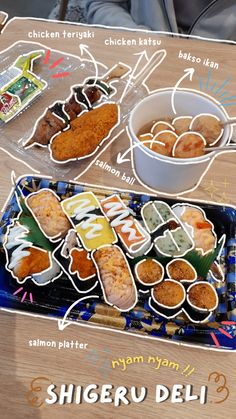 an assortment of sushi and other food items on a table with the words shigeru deli