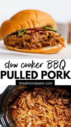 slow cooker bbq pulled pork in the crock pot with text overlay