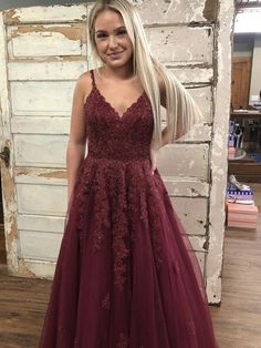 A Line V Neck Open Back Burgundy Lace Long Prom Dresses, Backless Burgundy Formal Dresses, Burgundy Lace Evening Dresses Lace Up Prom Dress, Wine Red Prom Dress, Burgundy Formal Dress, Lace Long Prom Dress, Cheap Prom Dresses Online, Red Lace Prom Dress, Prom Dress Lace, New Prom Dresses, Maroon Lace