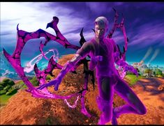 an animated image of a woman with purple hair standing in front of some strange shapes