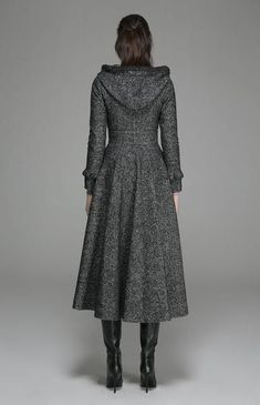 Gray Ruffles Coat - Long Wool Maxi Hooded Coat with Circular Hemline - Made to Measure (1369) Dress Coat Outfit, Womens Dress Coats, Gray Coat, Elegant Coats, Tailored Coat, Stylish Coat, Grey Coat, Coat Patterns, Dress Coat