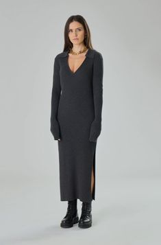 Introducing the Anita Polo Knit Maxi Dress. Crafted with comfort and style in mind, this dress is made with a soft and breathable knit fabric. With its versatile polo design and maxi length, this dress can easily take you from day to night. Elevate your wardrobe with this must-have piece. Cashmere blend polo ribbed knit maxi dress with long sleeves, v-neckline with collar, straight hem. Midi/Maxi length. The Anita Polo Knit Dark Gray Maxi Dress is a versatile and chic option for any wardrobe! It Wool Maxi Dress, Travel Pants Women, Gray Maxi Dress, Maxi Dress With Long Sleeves, Polo Knit, Polo Design, Travel Clothes Women, Knit Maxi Dress, Grey Maxi Dress