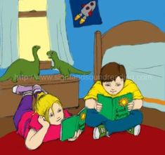 two children laying on the floor reading books in a bedroom with dinosaurs and t - shirts