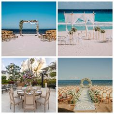 wedding setups on the beach with chairs and tables