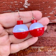 1 Pair Of Real Red & White Round Bobber Earrings * Hypoallergenic Silver Surgical Stainless Steel Ear Wires  * Length: 1.80 Inches * Width: 1.05 Inches * Lightweight: 2.33 Grams * Silicone Stopper Backs Included Watch your own bobber! Cute Weird Earrings, Funny Earrings Hilarious, Affordable Novelty Drop Earrings, Silly Jewelry, Affordable Novelty Earrings, Weird Core Earrings, Wierdcore Earrings, Silly Earrings, Fish Hook Jewelry