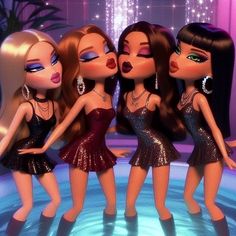 three dolls are standing next to each other in front of a pool with lights on