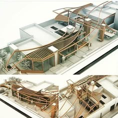 two views of an architectural model of a house and its surrounding area, including the roof deck