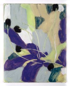 an abstract painting with black and white flowers in purple, green, yellow and blue colors