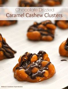 caramel cashew clusters with chocolate drizzled on top and in the middle