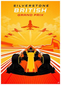 a poster for the british grand prix with an image of a racing car and planes