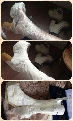 there are three pictures of shoes covered in plastic wrap and one is on the floor