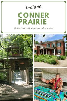 the cover of indiana's conner prairie, with photos of people sitting at tables and