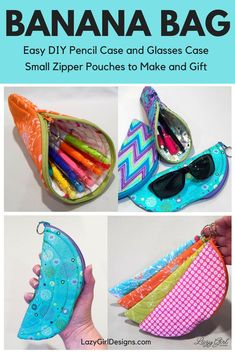 the instructions for how to make an easy diy pencil case and glasses case with zipper pouches