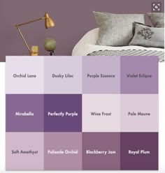 the purple paint colors in this bedroom are all different shades and they appear to be very colorful