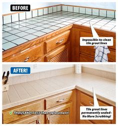 before and after photos of kitchen countertop remodeling with tile work done