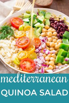 mediterranean quinoa salad with tomatoes, cucumber, olives and chickpeas