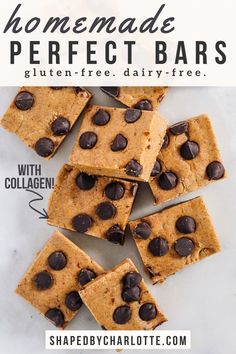 chocolate chip cookie bars stacked on top of each other with text overlay reading homemade perfect bars gluten - free, dairy - free