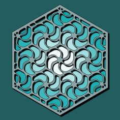 an abstract geometric design in blue and grey on a teal green background with the shape of a hexagon