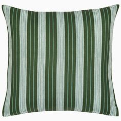 a green and white striped pillow on a white background