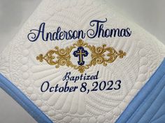 "Celebrate the sacred milestone of a baptism, christening, or baby church dedication with our exquisite 36 inch by 46 inch heirloom-style baby quilt. This meticulously crafted quilt is designed to honor and commemorate this special occasion, making it a truly meaningful and cherished gift. Adorned with delicate embroidery, featuring the baby's name and the date of the baptism, christening, or dedication, this quilt serves as a beautiful reminder of the spiritual journey embarked upon by the litt Delicate Embroidery, Boy Quilts, God Parents, Baby Keepsake