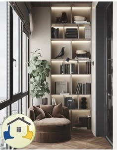 a living room filled with lots of furniture and bookshelves next to a window