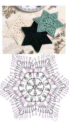 three crocheted stars are shown in different colors and sizes, one is black, the other is green