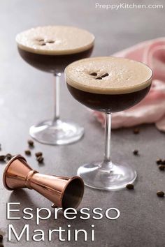 espresso martini with coffee beans and sprinkles on the side, served in coupe glasses