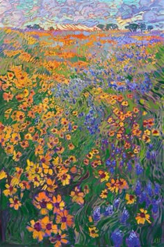 an oil painting of flowers in a field