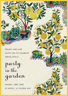 a party in the garden with lemons and plants on it's sides, including an orange tree