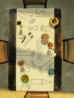 an overhead view of a table with food on it