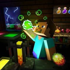 an image of a man in a minecraft style room holding a green object up to his face