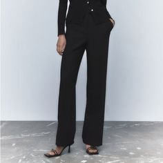 Brand New, Never Worn, With Tags Tailored Wide Leg Black Pants, Classic Black Leather Pants, Black Wide Leg Office Pants, Office Wide Leg Black Pants, Black Tailored Pantsuit With Straight Pants, Black Formal Pantsuit For Spring, Black Wide-leg Pants For Office, Tailored Black Wide Leg Pants For Fall, Tailored Black Trousers Pantsuit