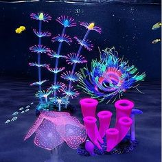 an underwater scene with pink and blue decorations